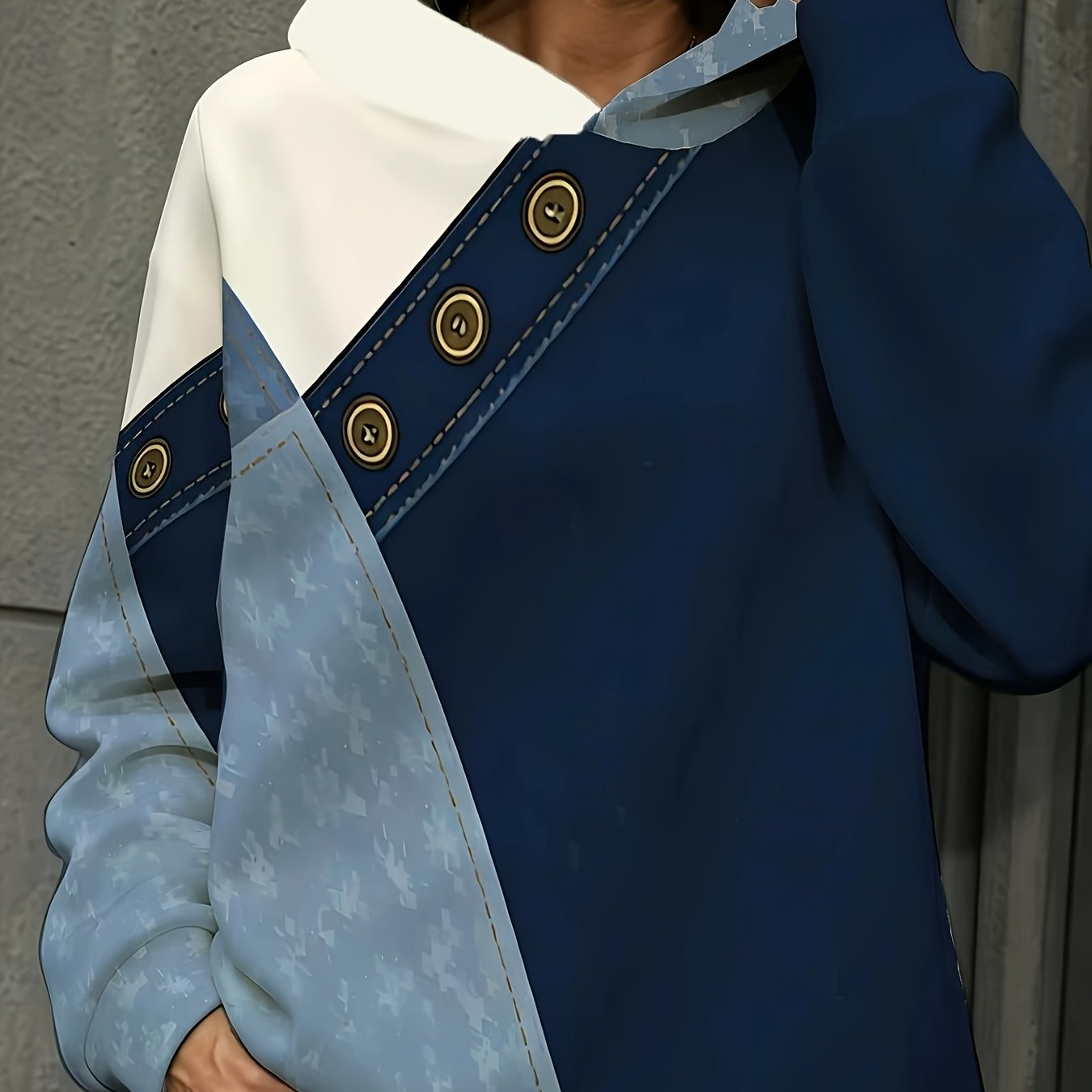TEMU New Women's Flat Print Cordless Hooded Sweatshirt, Women's Fashion Hood, Stylish Color Block With Floral Pattern, Decorative Button Stitching, ,