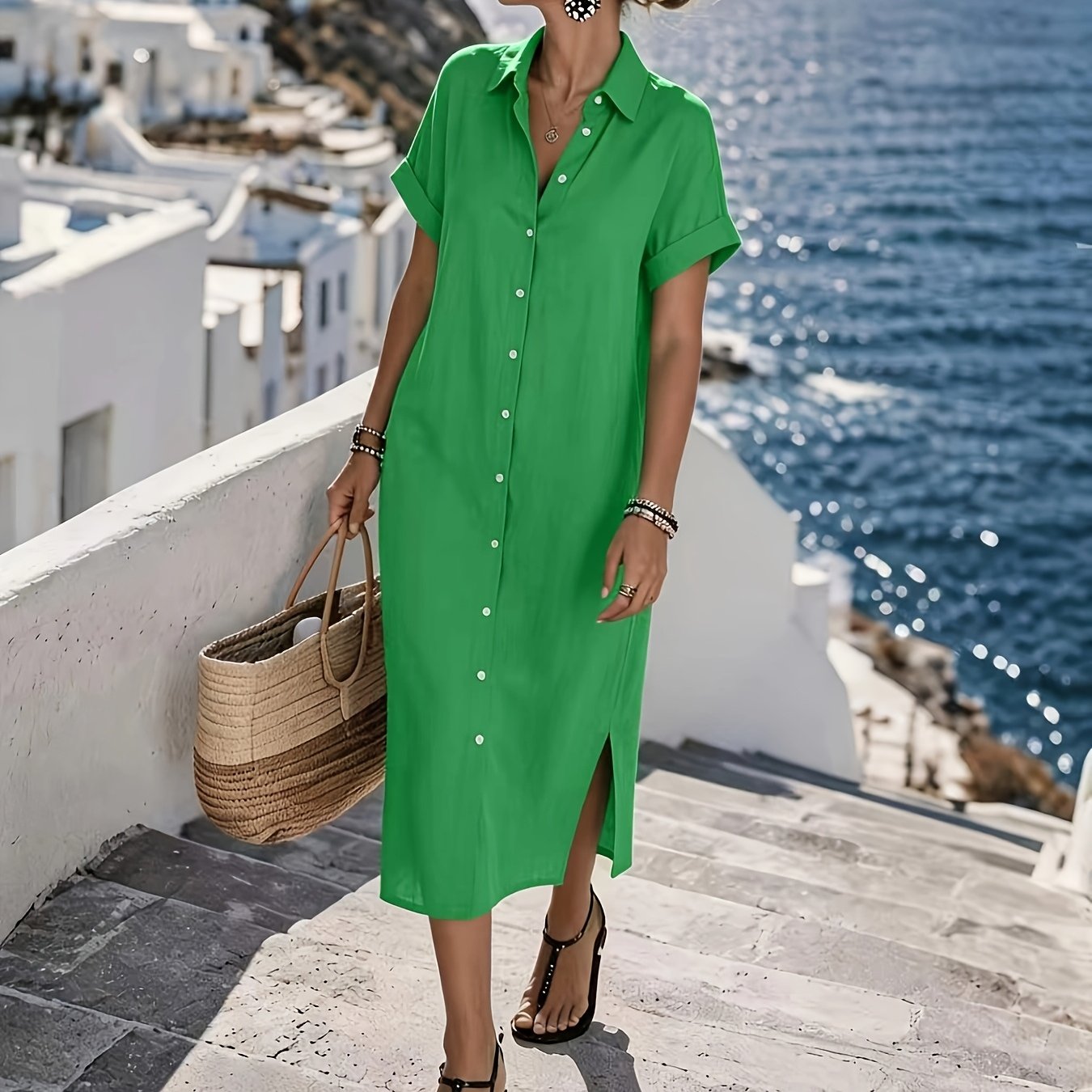 TEMU Women's Summer Solid Color Lapel Shirt Dress, Loose Short Sleeve Slit Midi Dress, Western Style Beach Vacation Dress