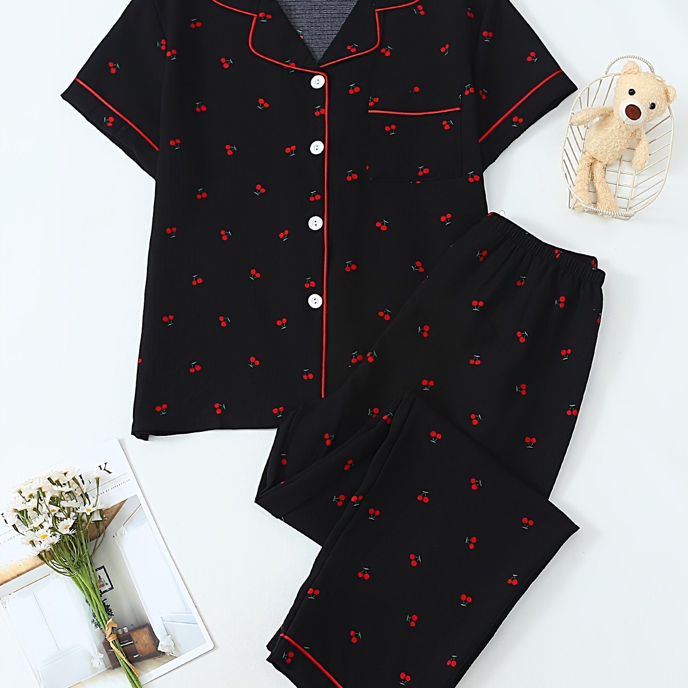 Image of Two-piece Women's Pajama Set For Spring, Summer, And Autumn: Wear With Short-sleeve Button-up Shirt And Lapel Blouse With Long Pants, Print