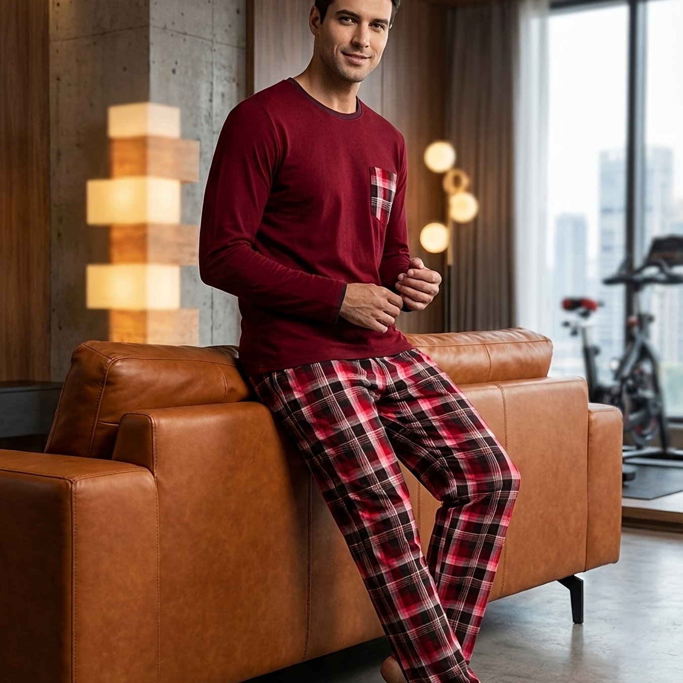 TEMU Fall Casual Men's Pajama Set, Striped Print Pants, Blend, , Comfortable Long Sleeve Long Pants Pajama 2pcs Set