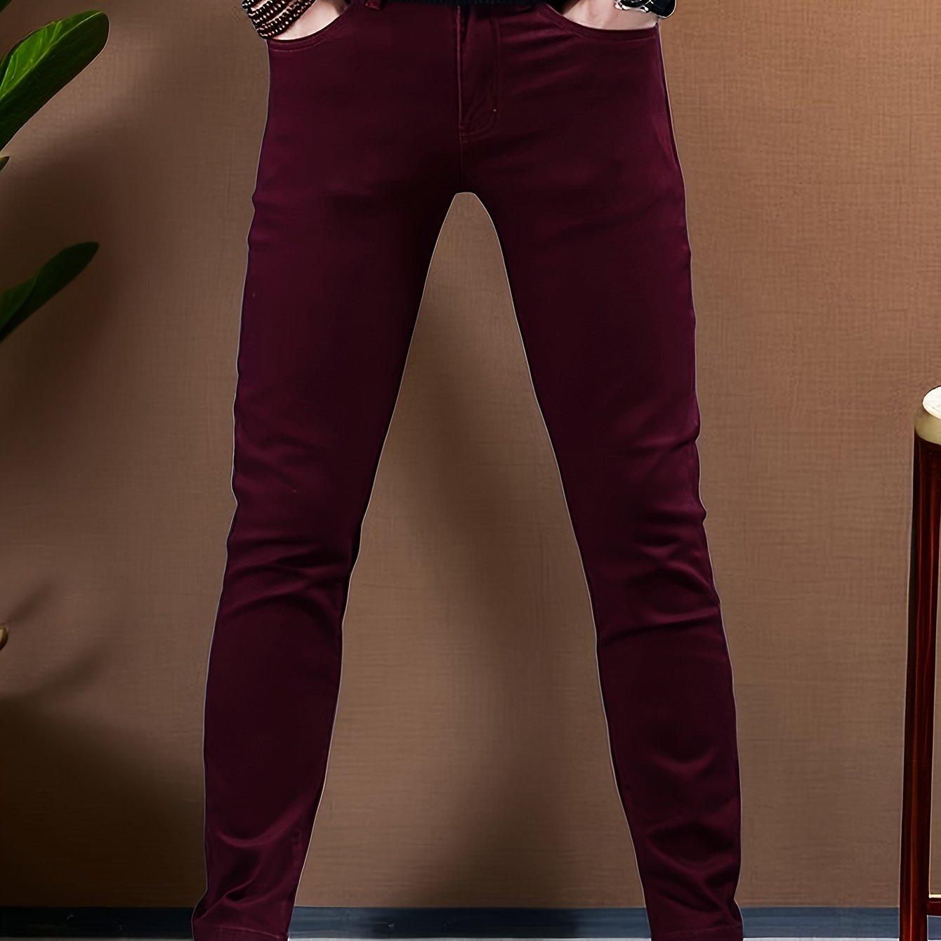 Men's Jeans Stretch Easy Denim Skinny Pants Multi- Slimming Burgundy Men's Trousers
