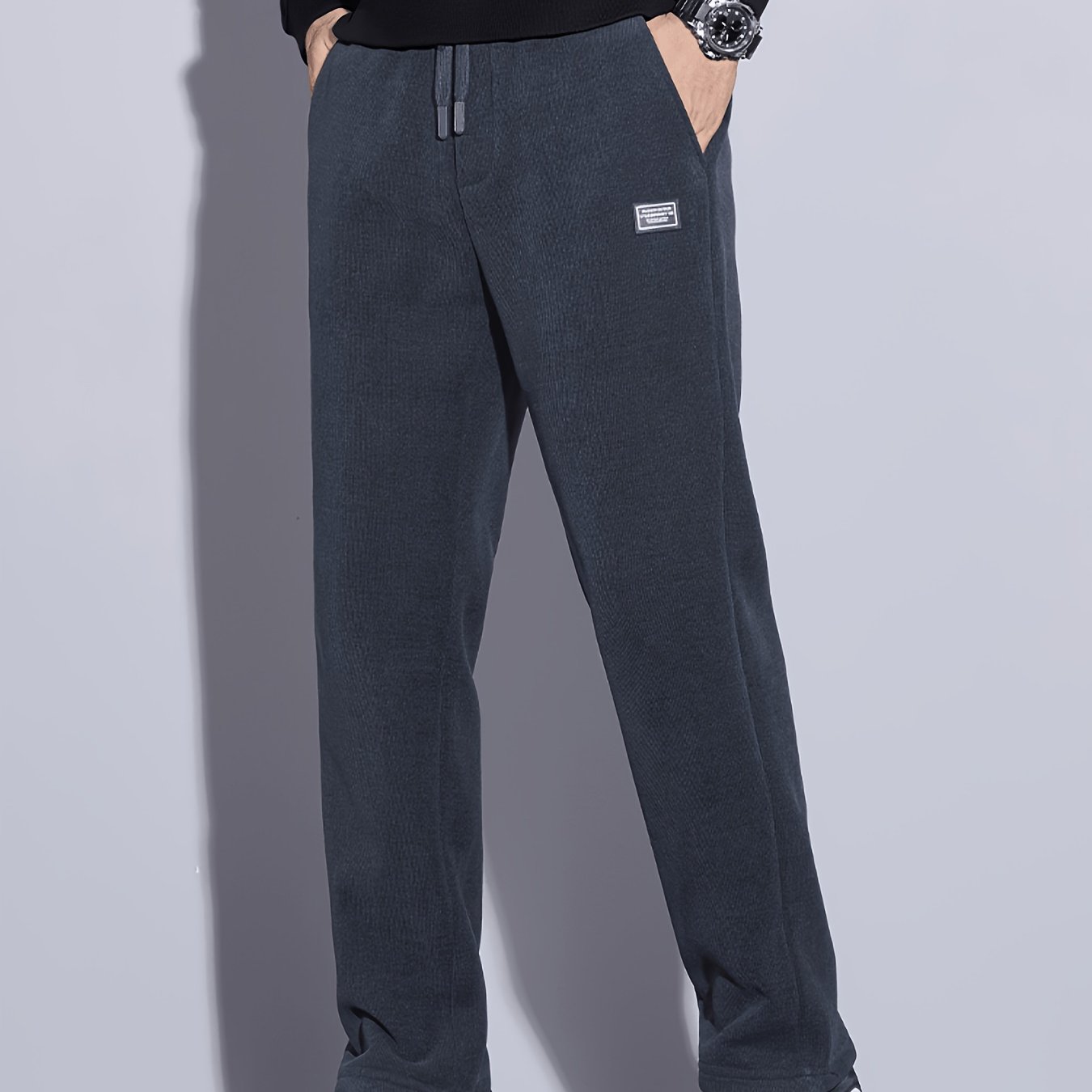 TEMU Mianzhi Men's Corduroy Casual Trousers, Drawstring Waist Design, Elastic Loose Straight Fit, Casual Office Wear, Autumn Winter Thick Men's Long
