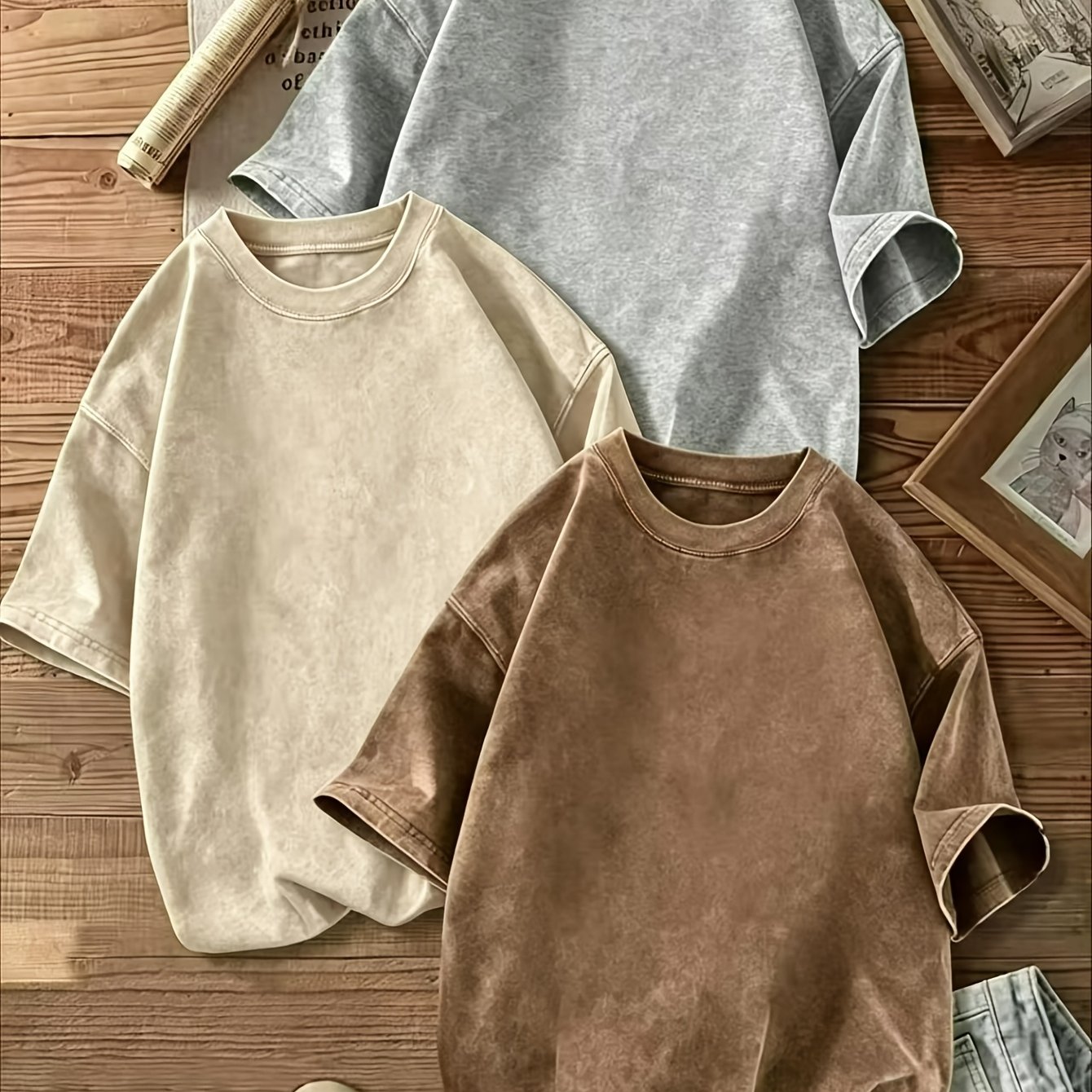 TEMU 3pcs Set, Women' Style Vintage Washed Solid Color T-shirt, Loose Distressed Street Casual Short Sleeve Top, Sizes S-2xl