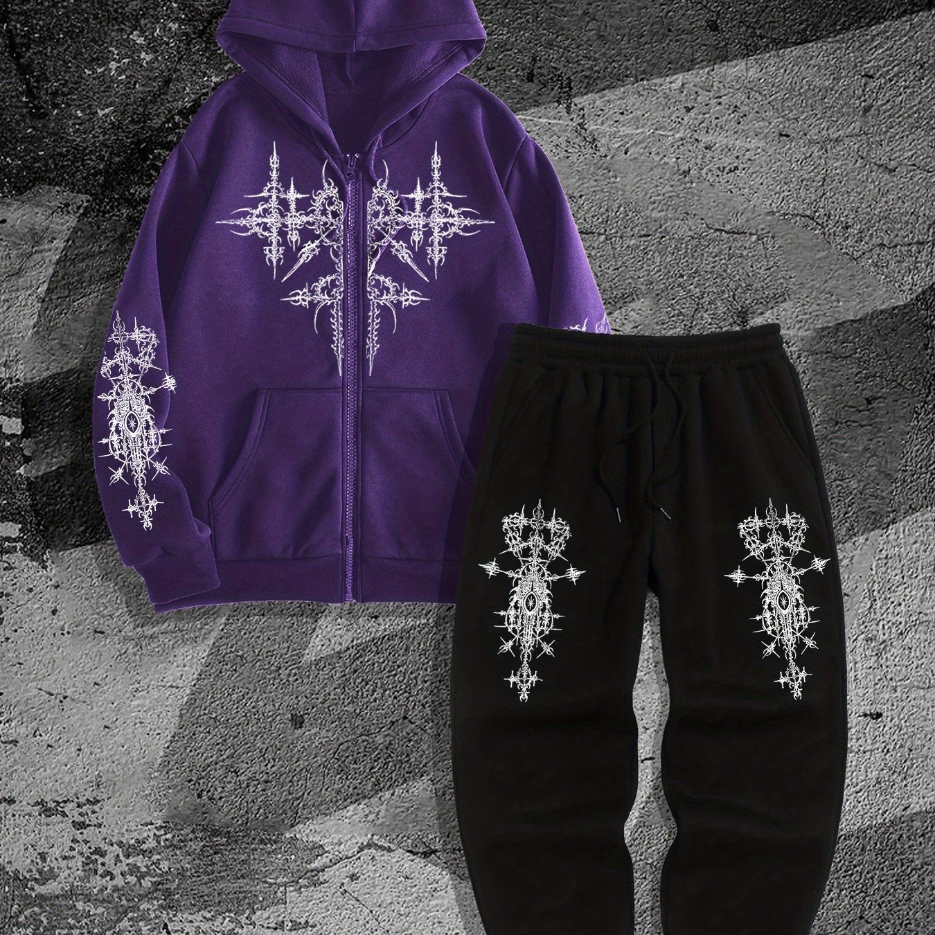 TEMU Gothic Dark Style Printed Men's Zip-up Hoodie And Jogger Pants Two-piece Set