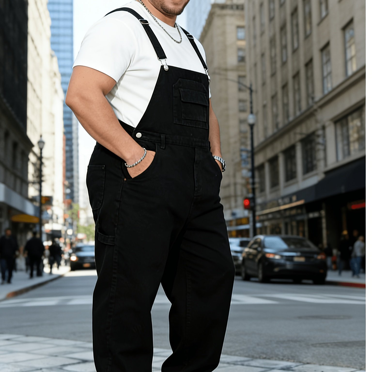 Men's Black Cargo Overalls, Heavy-duty Denim Multi-pocket Straight-leg Suspender Pants, Trendy Jumpsuit, Plus Size