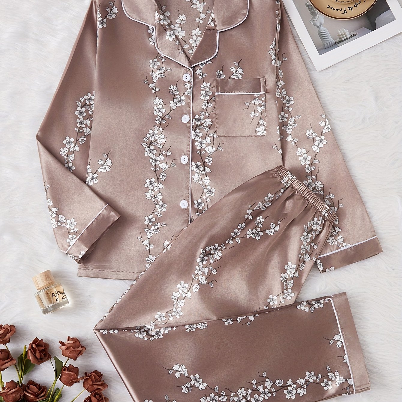 TEMU Luxurious Brown Floral Print Satin Pajama Set For Women - Soft Bamboo Blend, Long Sleeve, Pants, And Shirt With A Comfortable Collar