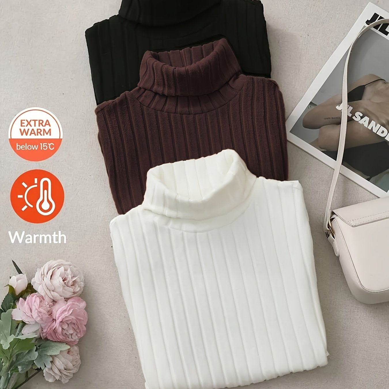TEMU Conjunto de 3 camisetas de larga ajustadas de cuello para mujer, estilo versátil, adecuado para uso diario, ropa de otoño para mujer, ropa de