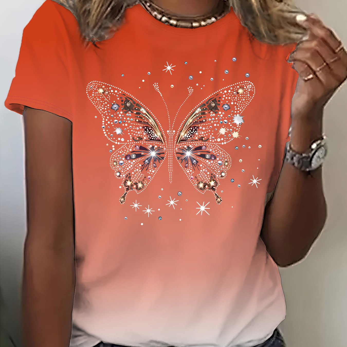 TEMU Print Gradient Short-sleeve T-shirt - Spring Summer Fall Blouse, Opaque Casual Top With Ombre Color Transition (machine Washable) - Non- Smooth