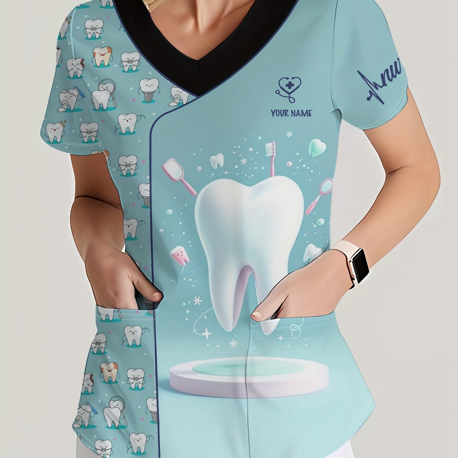 TEMU Custom Name Nurse Uniform, Fashion Women's T-shirt, Nurse Workwear, Dentist Printed Pocket Short Sleeve V-neck Top, Comfortable And Practical