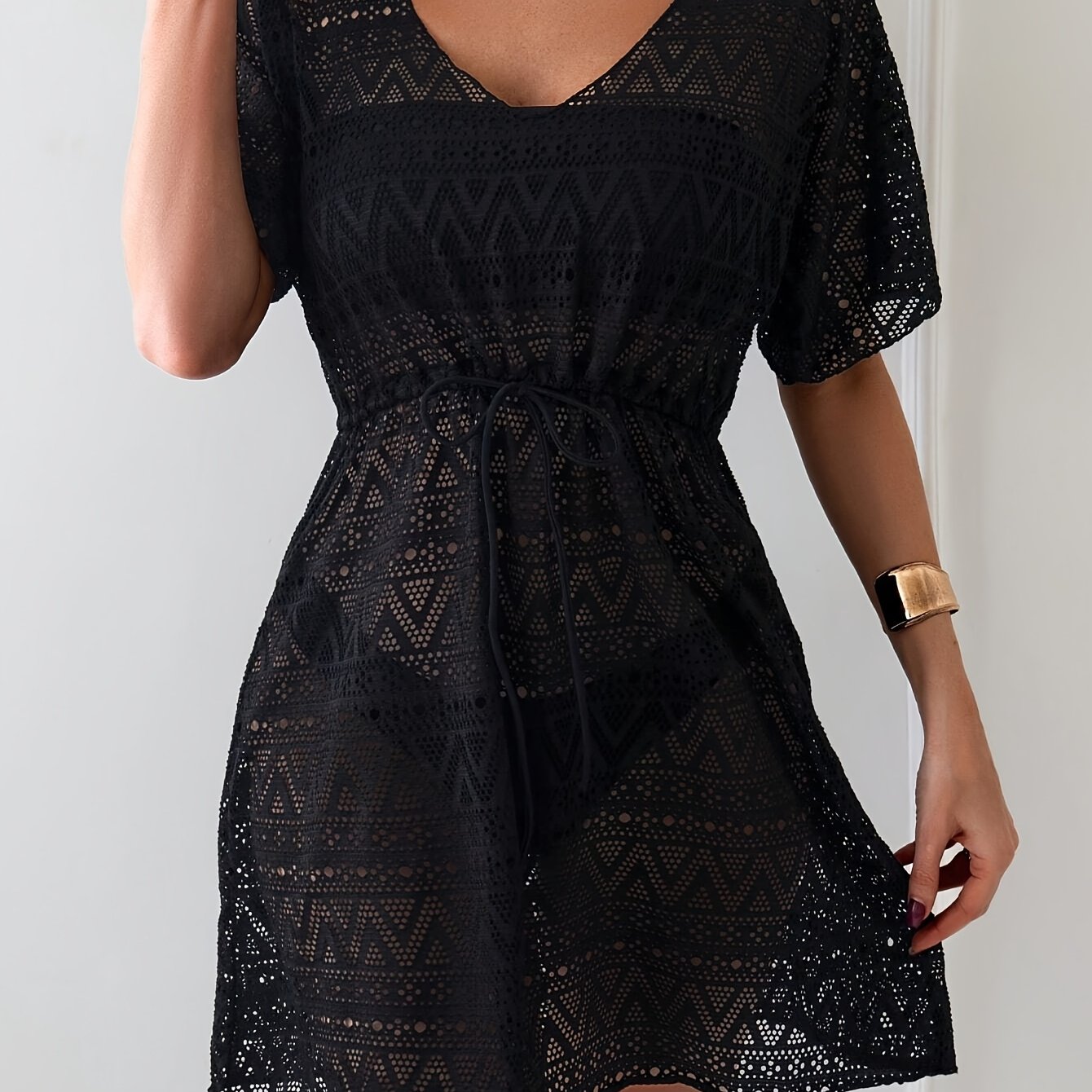 Image of Women' Color Cover-up Dress With A Drawstring Waist And Design, Perfect For Summer Vacations, Beach , And Poolside Relaxation