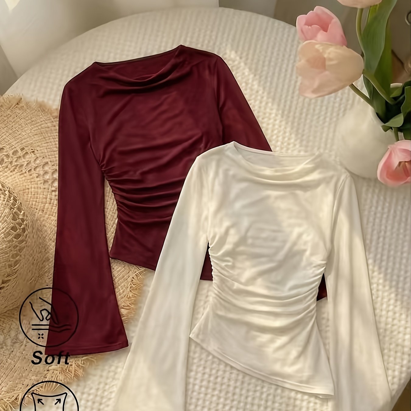 TEMU 2pcs Set Solid -shoulder Long Flared Sleeve Top With Asymmetrical Hem And Fitted , Suitable For Parties, Date Nights, Valentine's Day, Spring,