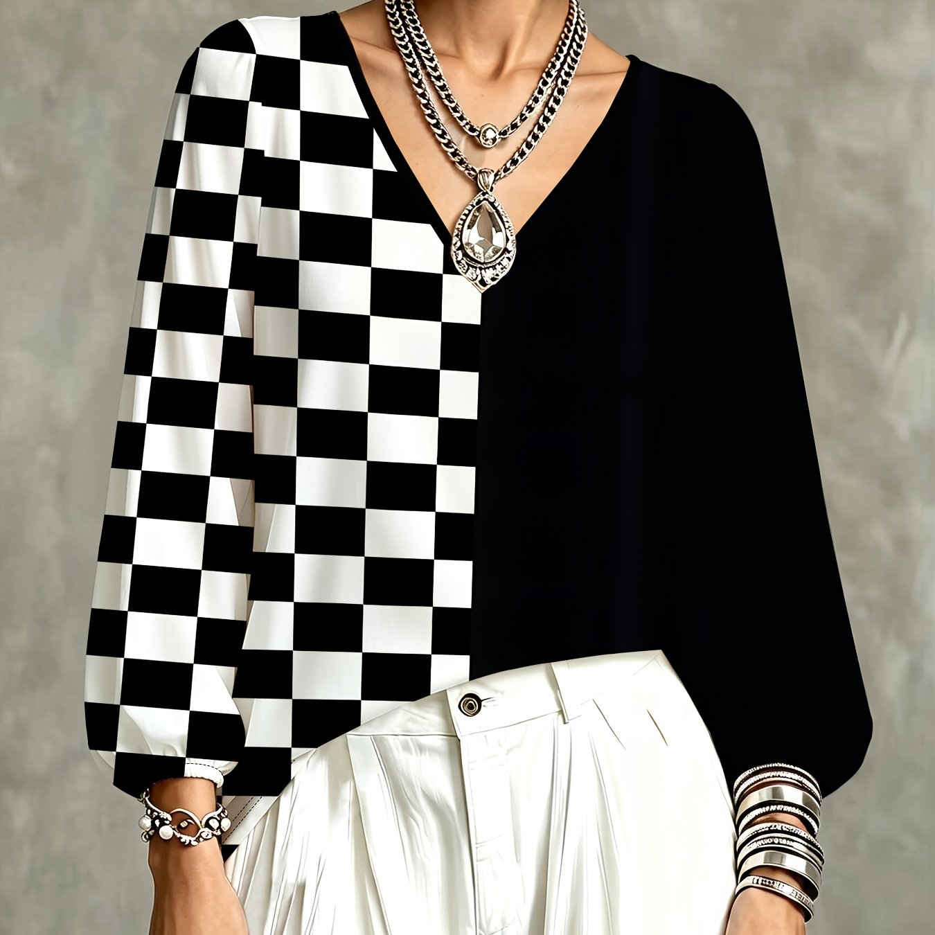 TEMU Checkered Printed Women's V-neck Long Sleeve Top, Black And White Individual Trendy Long Sleeve Shirt