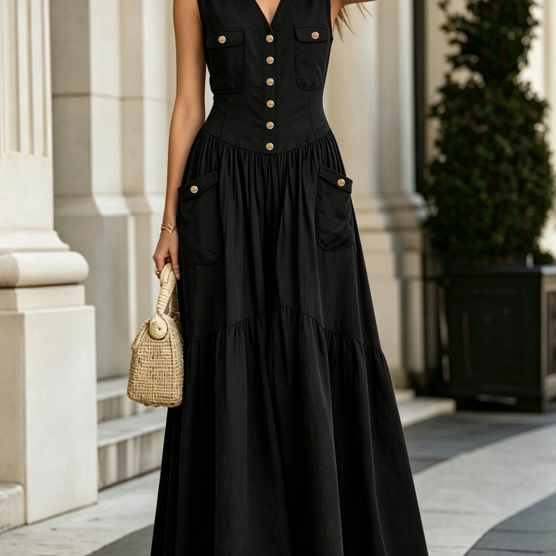 TEMU Women's Spring/summer Casual Elegant Vintage Flap Vest-style Maxi Dress Zllz