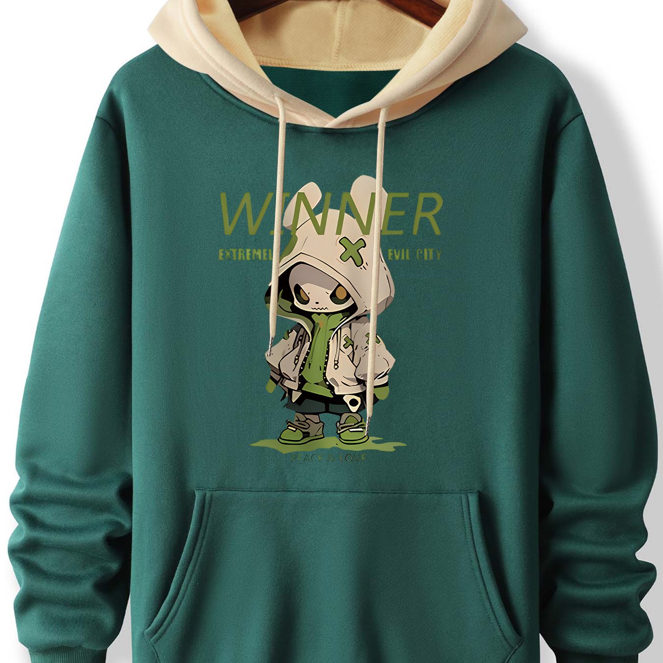 TEMU Men's Color Hoodie With Cartoon Print - Casual Pullover Sweatshirt, Long Sleeve, Drawstring, Machine Washable - Spring & Fall