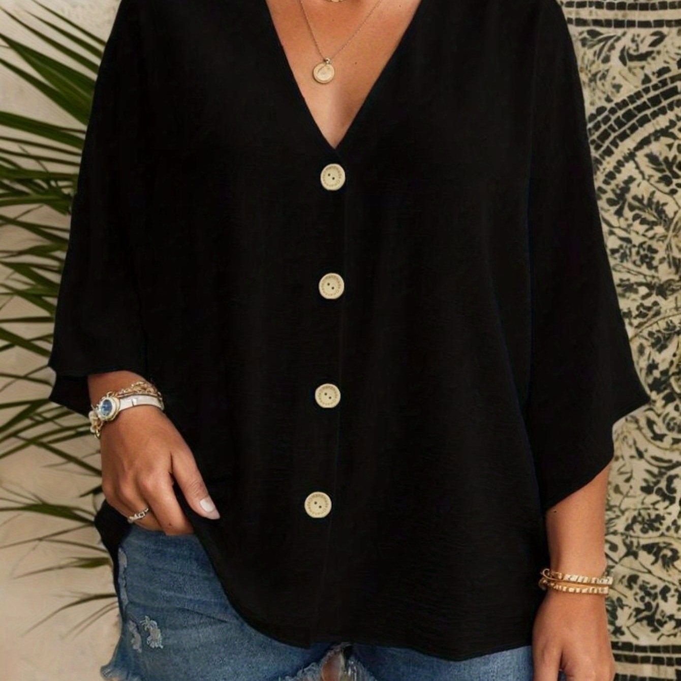 TEMU Grande Taille - Grande Taille - -shirt Décontracté Ample et Tendance pour Femmes, Haut Élégant à Manches Longues et Col en V, T-shirt de