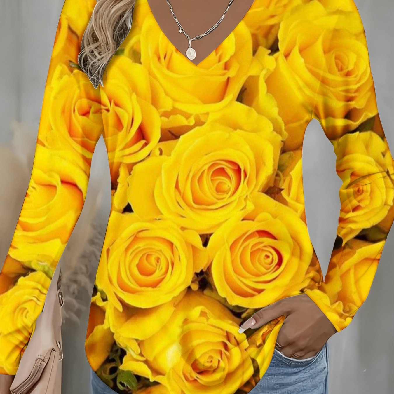Image of Women's Trendy Full Print V- Long Sleeve T-shirt | Pattern, Suitable For , , Regular Length, Perfect For Cozy Gatherings And Exquisite