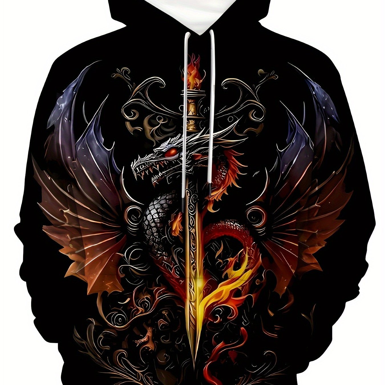 TEMU Men's Trendy Casual Long-sleeve Hoodie Featuring A Guardian Sword Print, Designed For Outdoor Activities With A Drawstring And Kangaroo Pocket.