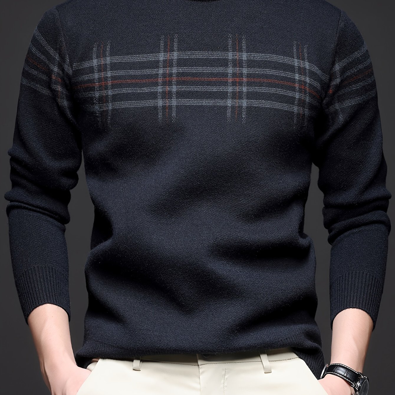 TEMU Pull-over tricoté épais à col rond rayé décontracté pour homme, haut de base automne-hiver