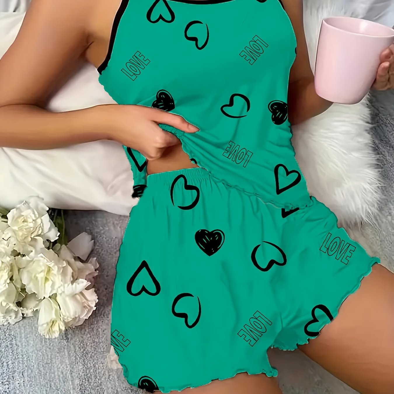 Women's Sleepwear Set With Heart Print Camisole And Shorts