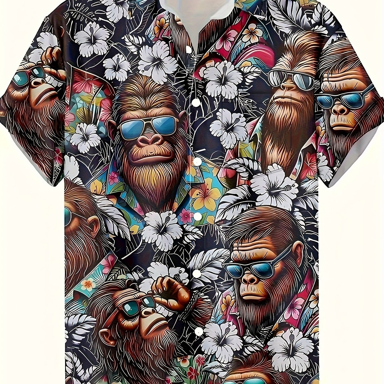 TEMU Men's Casual Short Sleeve Shirt- Gorilla And Tropical Floral Print, Lightweight Breathable Fabric, Summer Button Shirt, With Pocket, Machine