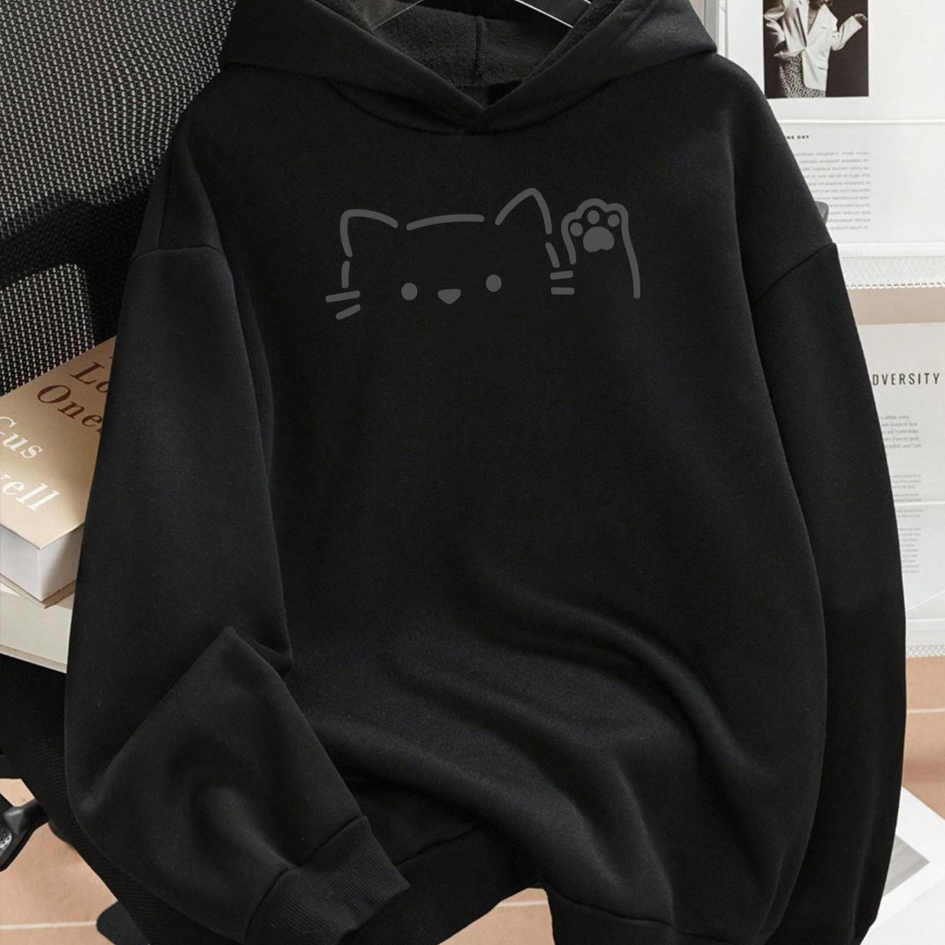 TEMU Plus Size 1pc Fashionable Women's Autumn And Winter Warm Hooded Sweatshirt, Elegant And Beautiful Y2k Style, Cute Cat Pattern, Unique Paw-shaped
