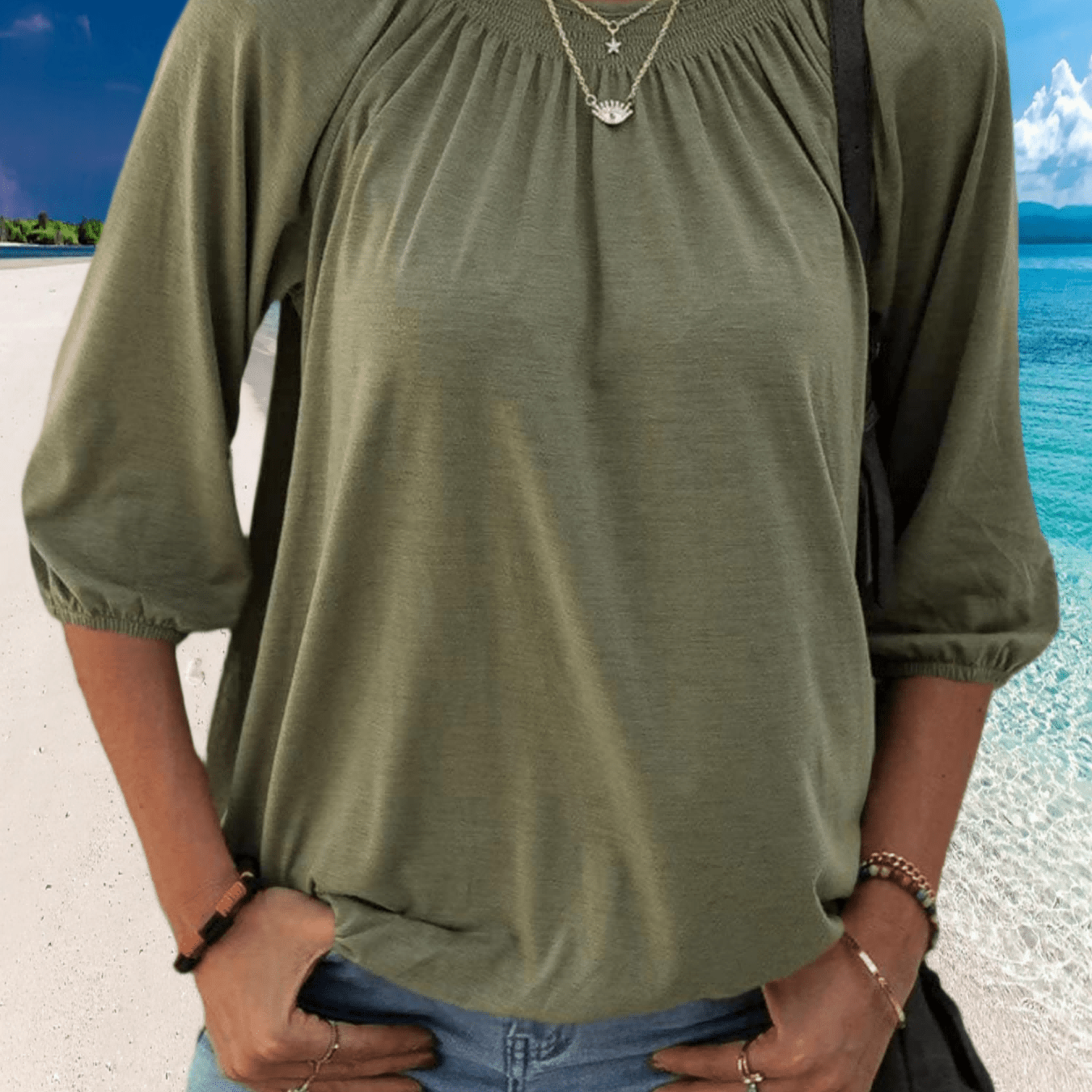 Women's Summer Daily Pleated T-shirt 3/4 Sleeve Crew Neck Loose Fit Basic Casual Top Solid Color