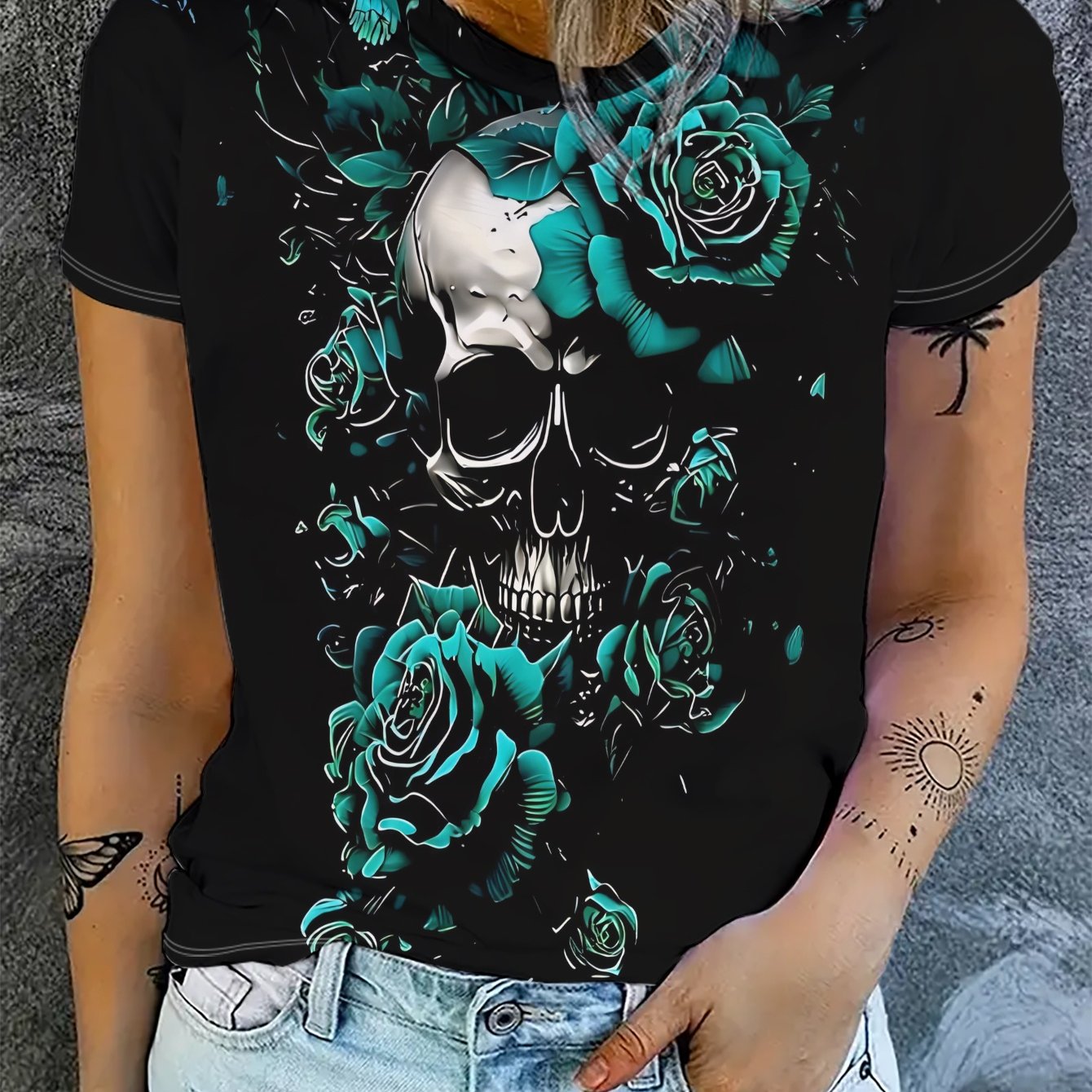 TEMU Women's Stylish Skull Rose Printed Short-sleeve T-shirt, Made Of, Featuring A Round Neck And A Regular Fit, Perfect For Casual Summer Trends