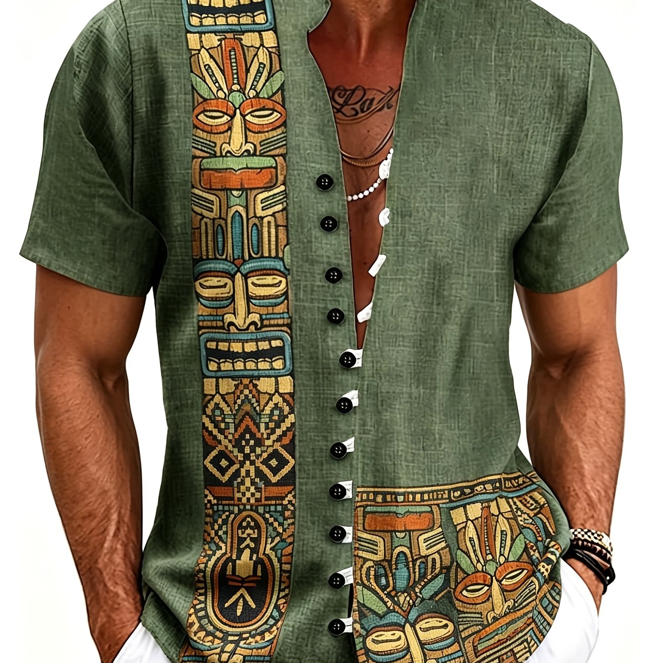 Plus Size Men's Casual Shirt Faux Linen Art Printed Stand Collar Short Sleeve Button Shirt Bohemian Ethnic Tribal Street Style Tops For Beach Vacation Summer And Wear
