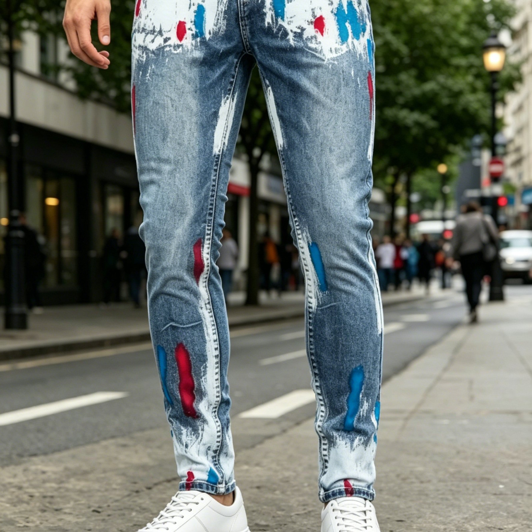 Image of [hme] H063 Casual Jeans For Men, Paint Splatter Design, Colorful Graffiti Retro Trendy Style, Heavy Washed , Mid-waist Slim Straight Fit, Hip-hop High- Trousers For Men