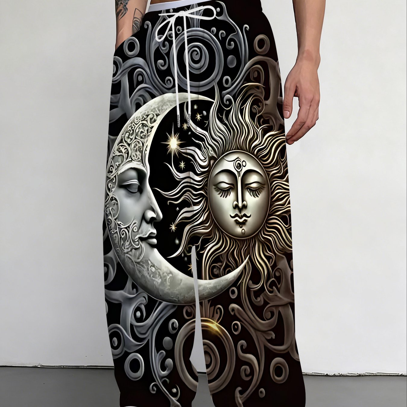 TEMU Stylish Men's Long Pants With Moon, Sun, And Floral Patterns, Loose Straight 's Casual Trousers