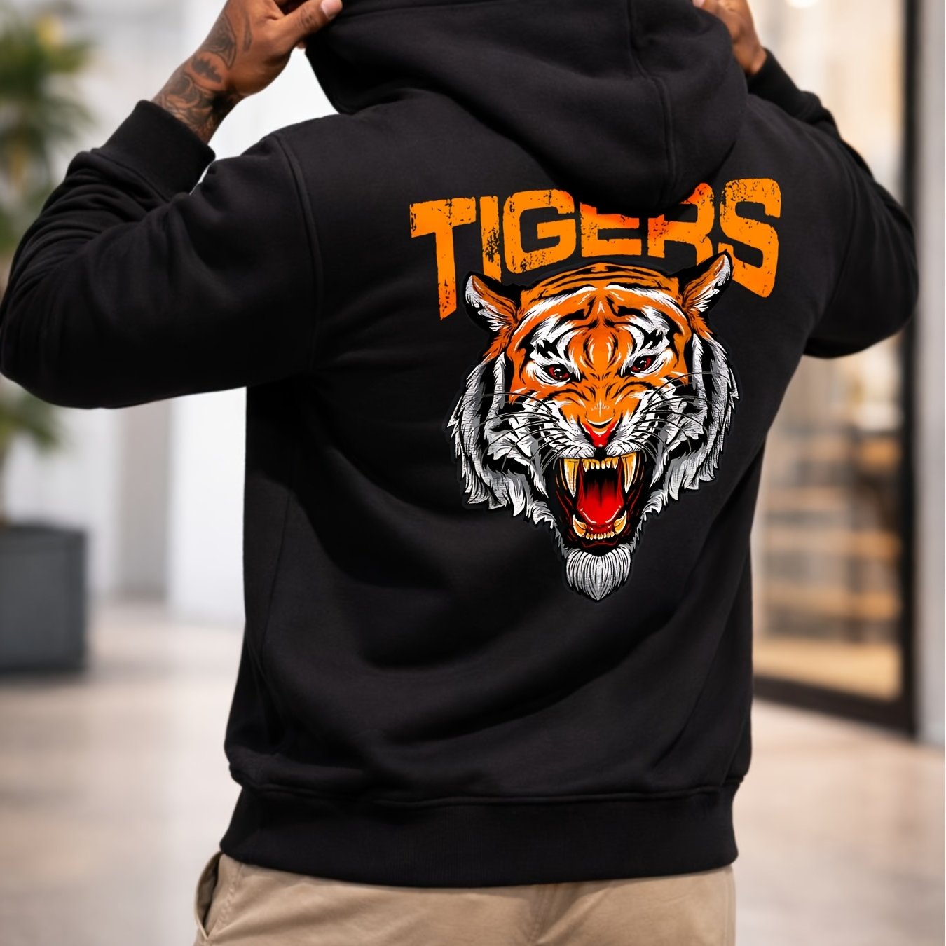 TEMU Black Hooded And Tiger Lettering Design Casual Wear Digital Heat Transfer Printing Loose Fit Men's Long Sleeves Plus Size- Unisex 2026 Couple