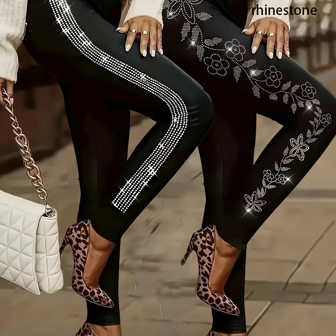 Plus Size, Women's Plus Size Two-piece Set With Diamond Details, Stretch Polyester, Elegant Striped Pattern, , Fabric, Fashion Casual Wear