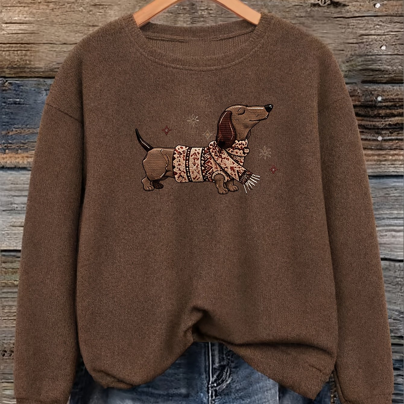 TEMU Women's Fashion Casual Long-sleeve Top, Dachshund Print Loose-fit Versatile Crew Neck Pullover