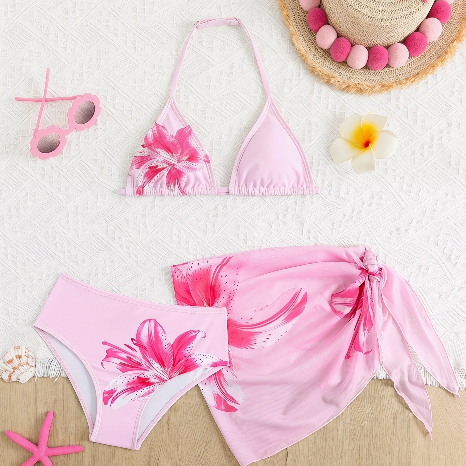 Image of Girls' Floral Print Bikini 3pcs Swimsuit Set With Beach Skirt For Summer Beach Vacation Swimming Pool