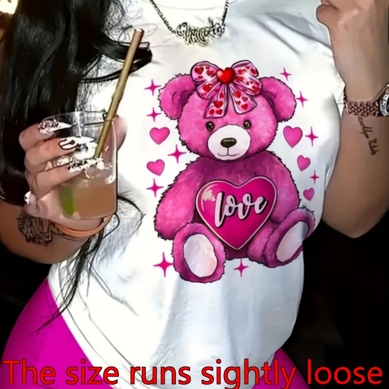 TEMU Women's Bear T-shirt - Cute I Love You Letter Print Short Sleeve Top With Teddy Bear & I Love You, Soft Stretchy Fabric, Round Neck Casual Tee