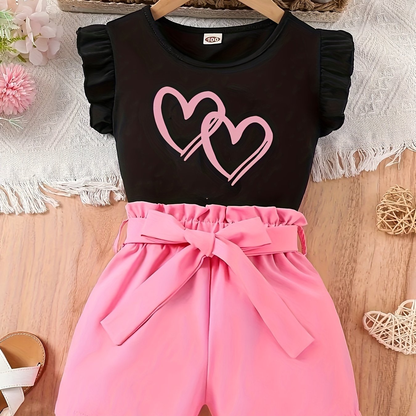 Image of Girls' Summer Outfit Set: Heart Print Sleeveless Top & Shorts With Belt - Machine Washable, Stretch Fabric, Perfect For Outdoor