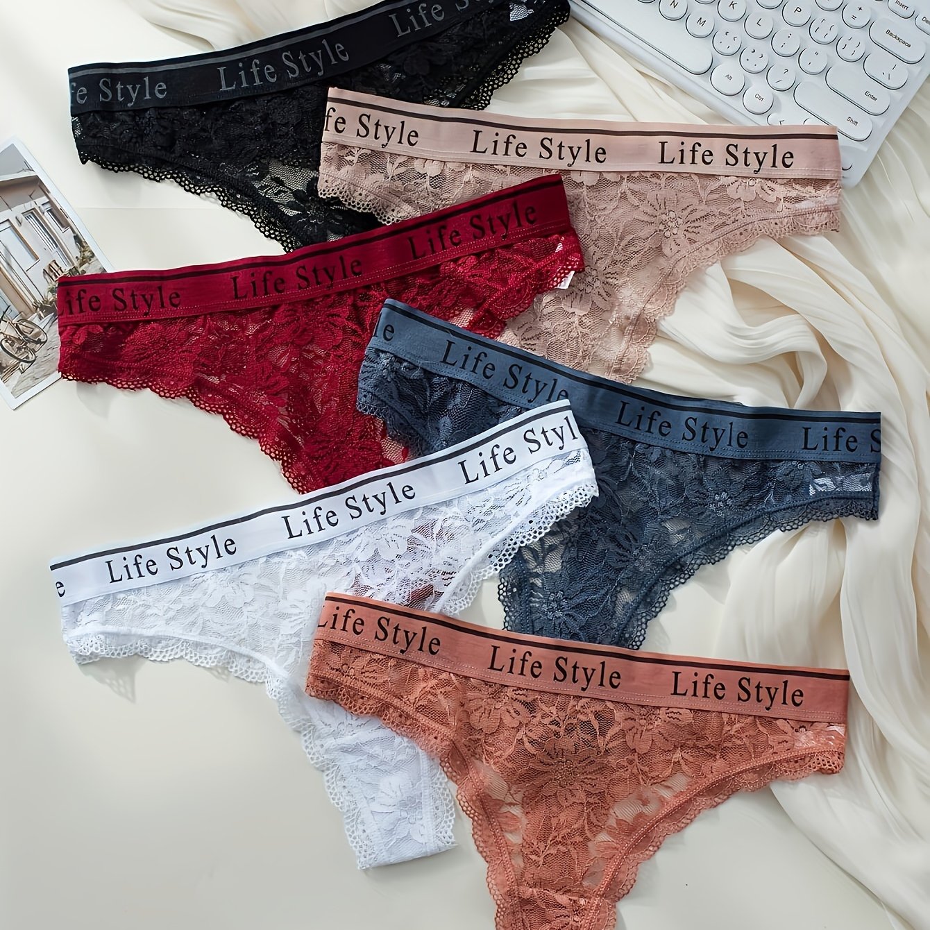 Image of 6pcs Women's Lace Floral Bikini Panties, Low-waist With Delicate Lace Trim, 6 Colors, Women's Underwear And Panties