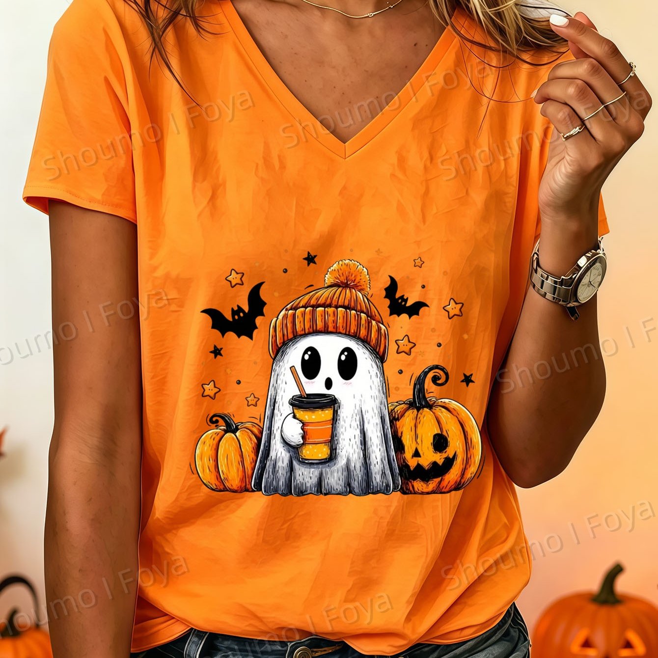 Cute Pumpkin Print V-neck Short Sleeve Top, Women's Summer Clothing, Women's V-neck Top, Women's Loungewear, Suitable For , Halloween, Thanksgiving