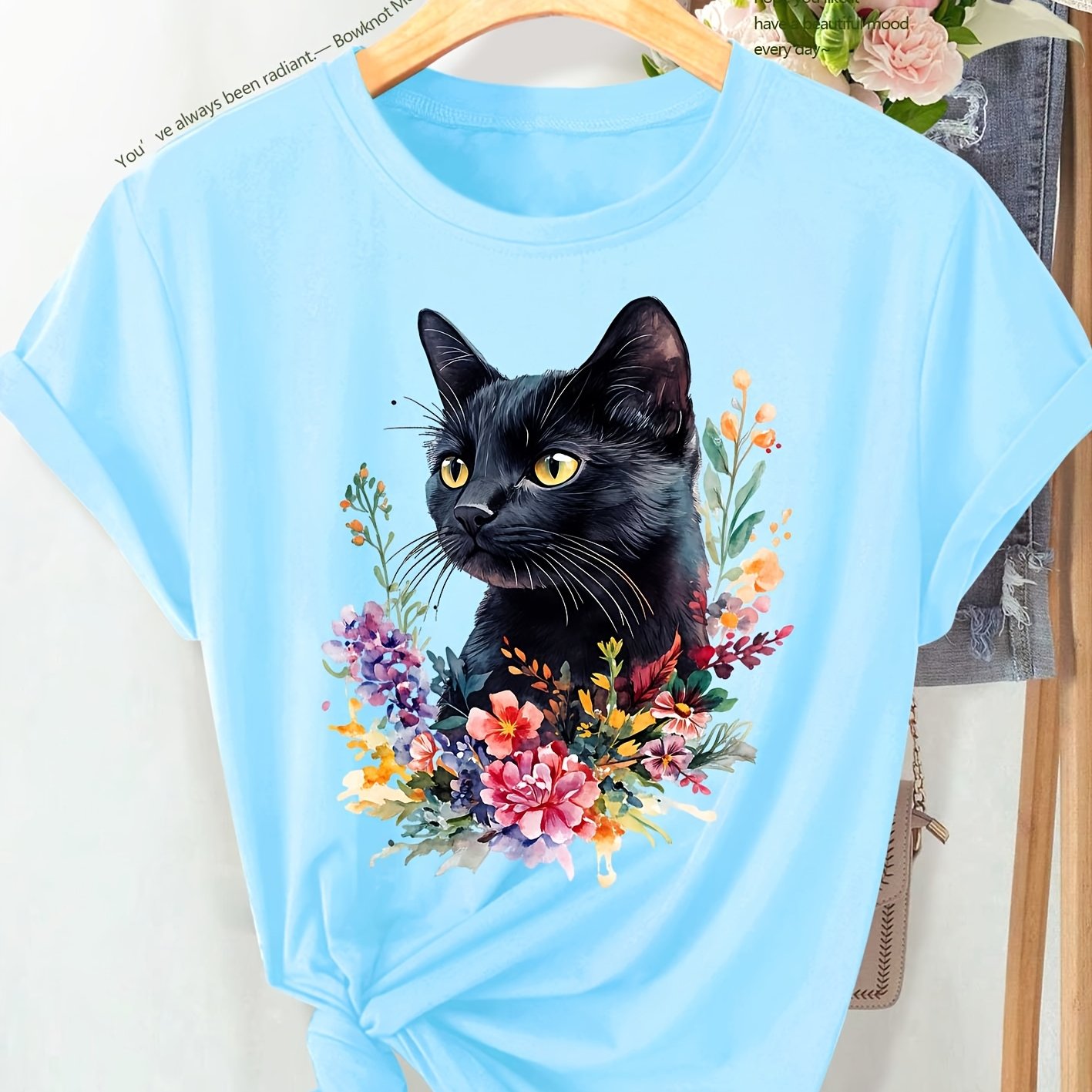 TEMU New Summer : European And Fashionable Women's Elegant Vintage T-shirt With Colorful Floral And Black Cat Print, Daily Casual Vintage Style.