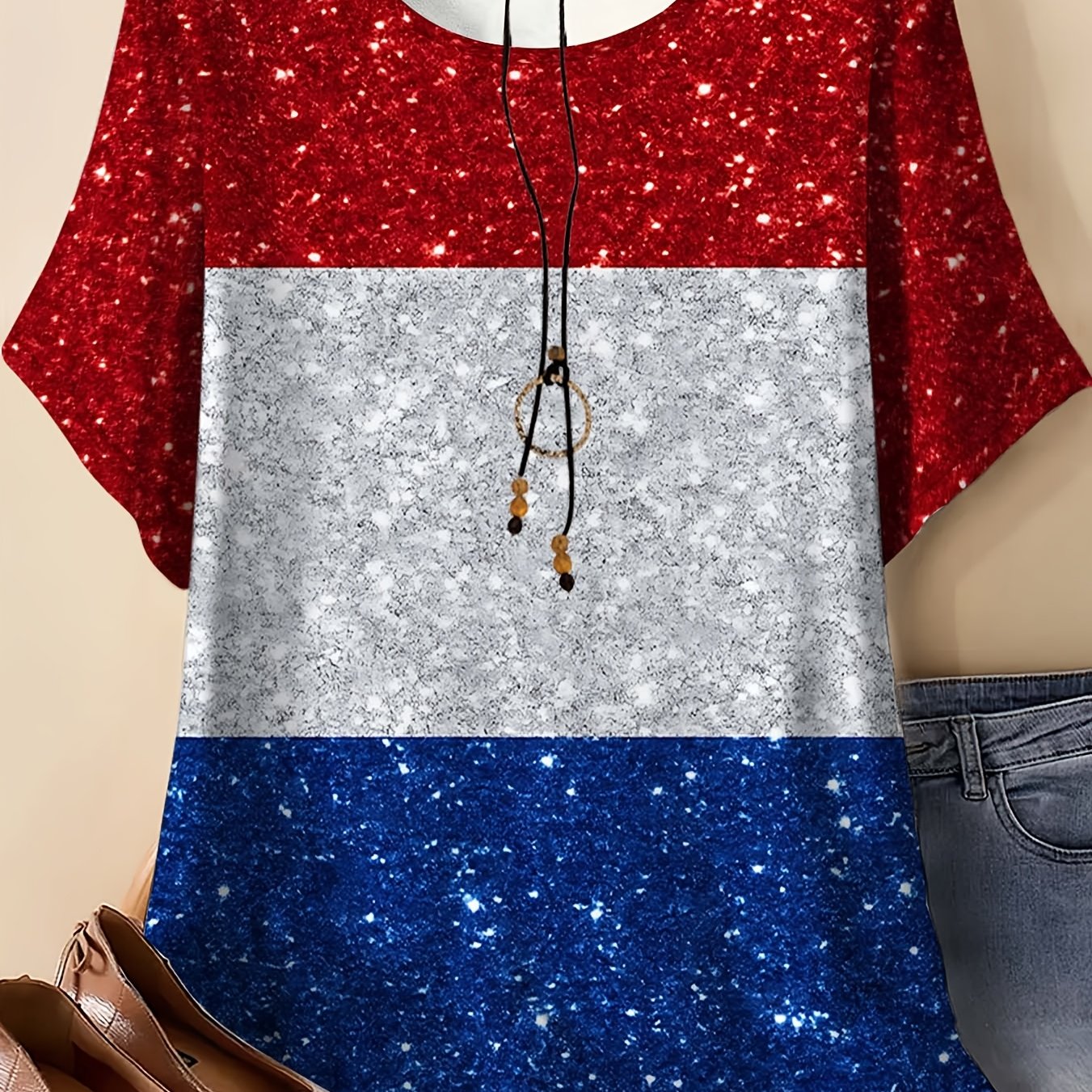 TEMU Women's Plus Size Round Neck T-shirt, , White And Blue Three-color Stripes With Full-frame Glitter Print, With A , Loose Fit Is Comfortable And