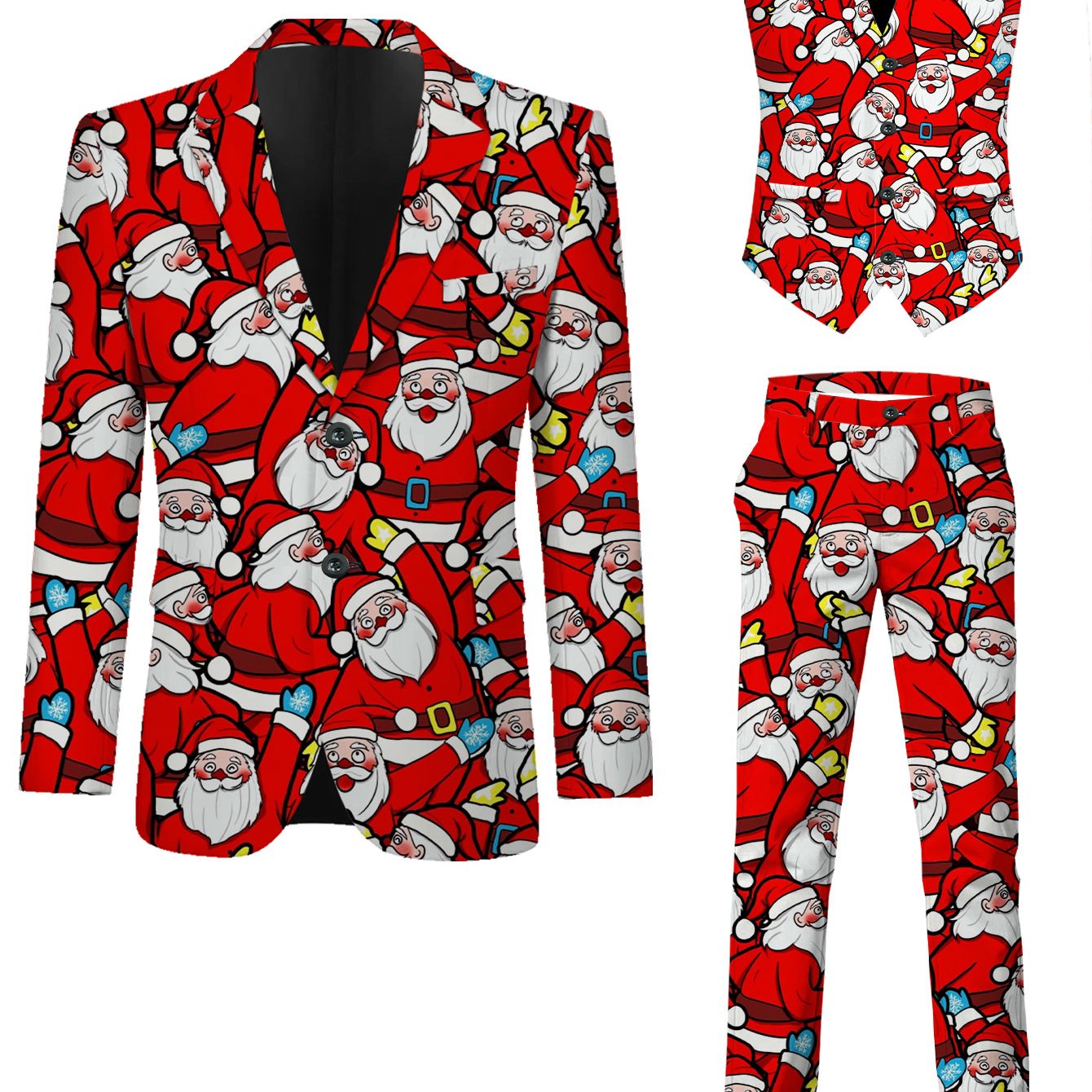 TEMU Men's 3pcs Suit Set: Jacket   Trousers   Vest, Santa Claus Red Cartoon Pattern, Trendy Business Suit Set, Jacket   Vest   Pants, Classic For