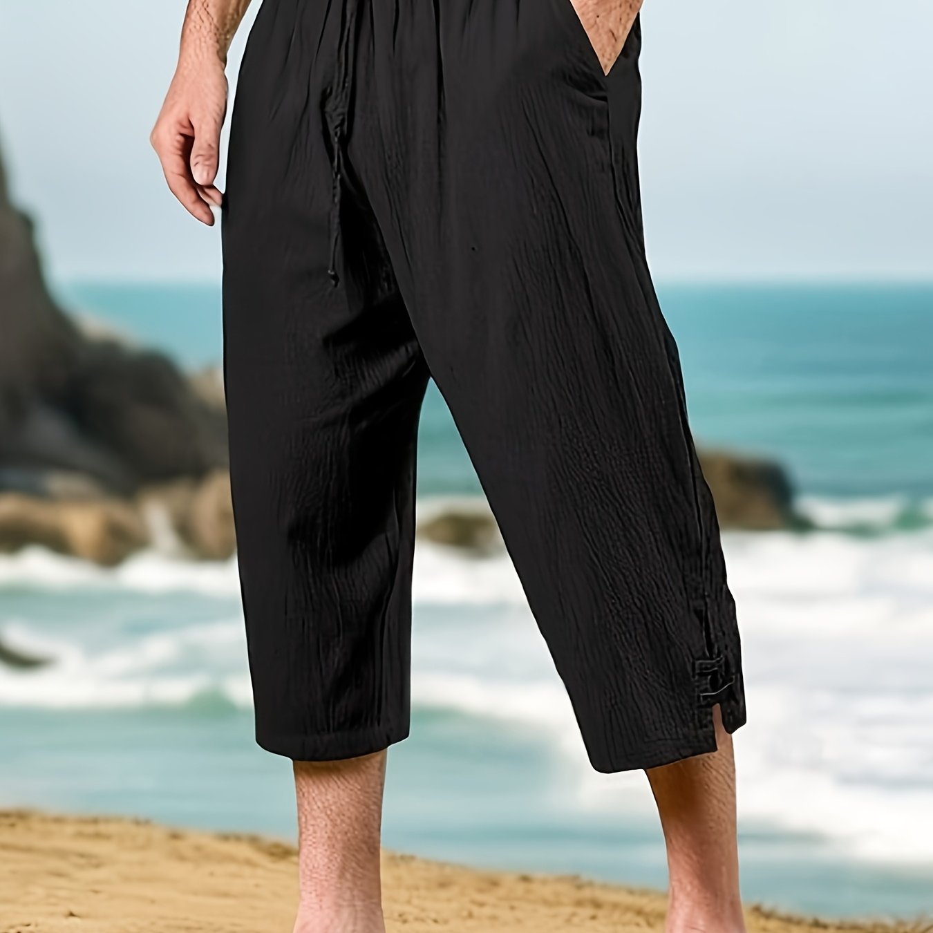 TEMU Nuevos pantalones cortos de lino casuales para hombre, ideales para todas , transpirables, holgados, de color liso, con cordón y bolsillos,