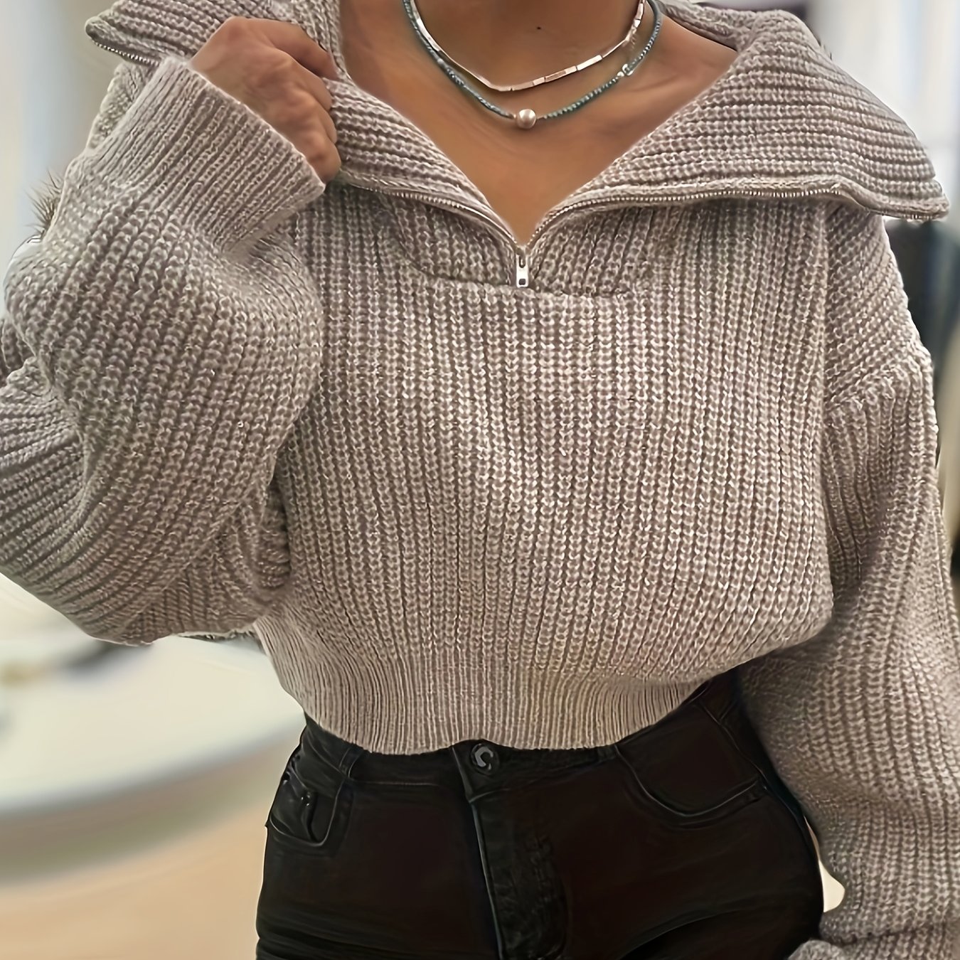 Women's Elegant Ribbed Sweater - High Neck Half-zip Long Sleeve Cropped Pullover, Relaxed Fit Top For Fall Winter, Versatile Layering Essential