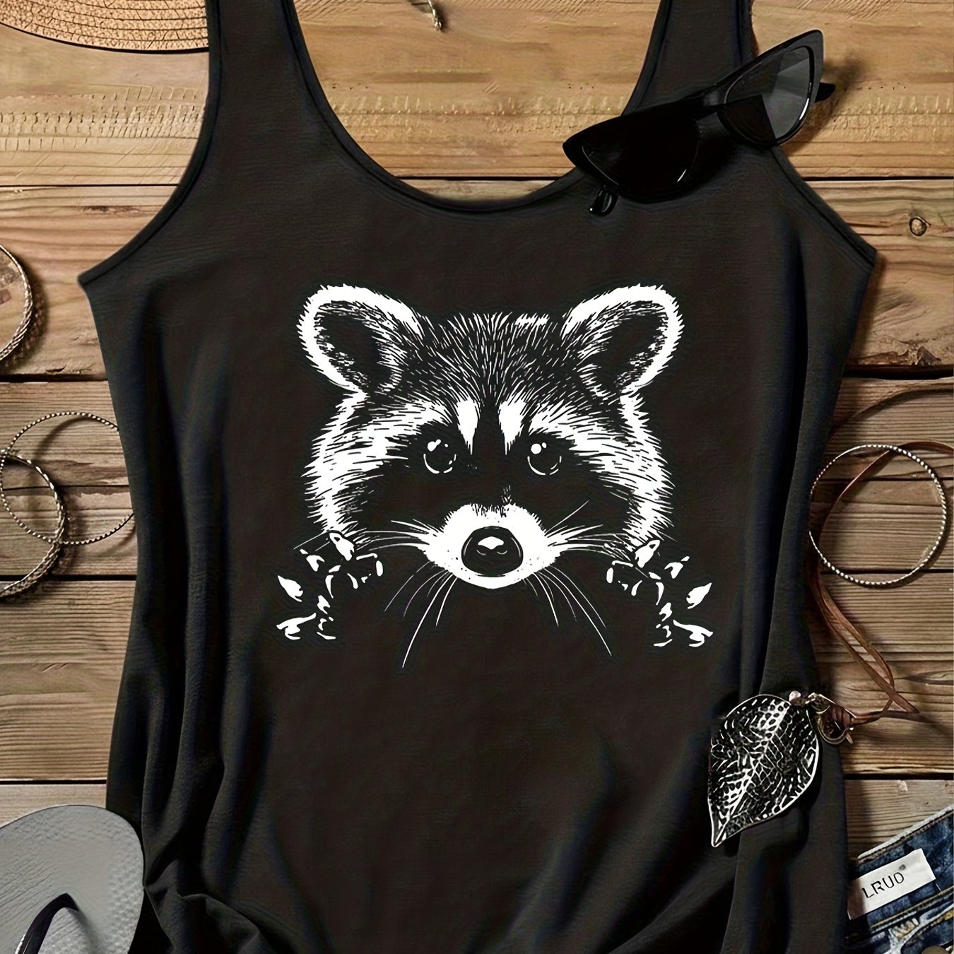 TEMU Damen Freizeit-Tanktop ohne Ärmel mit Waschbär-Aufdruck - Schwarz, lockerer Rundhalsausschnitt, maschinenwaschbar für alle Jahreszeiten, weicher