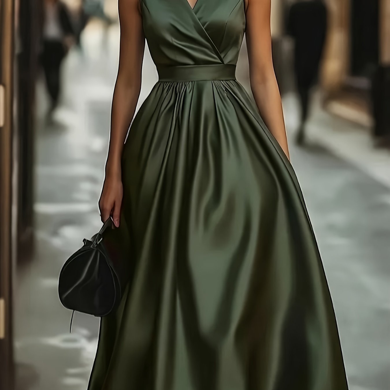 TEMU Élégante robe manches en satin à col en V pour femmes, jupe trapèze mi-longue à taille cintrée, style , robe de soirée pour les navetteurs