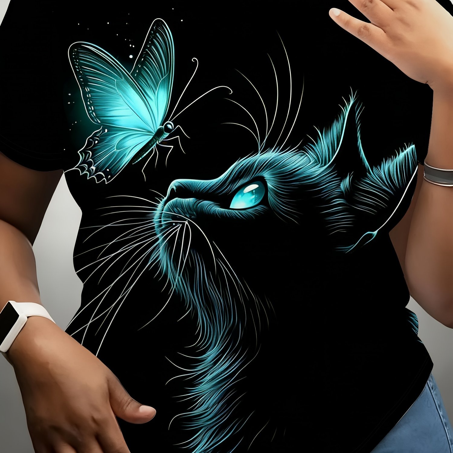 Image of Blue Fluorescent Cat Printed Short Sleeved T-shirt, Loose Round Neck Top, Women's Clothing, Plus Size Women's Clothing, Plus Size Women's Clothing