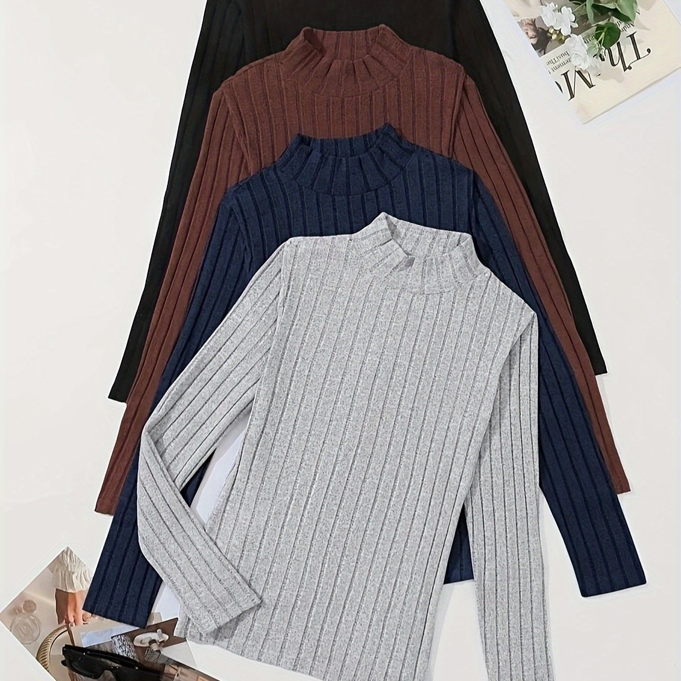 TEMU 4pcs Solid Color Ribbed T-shirts