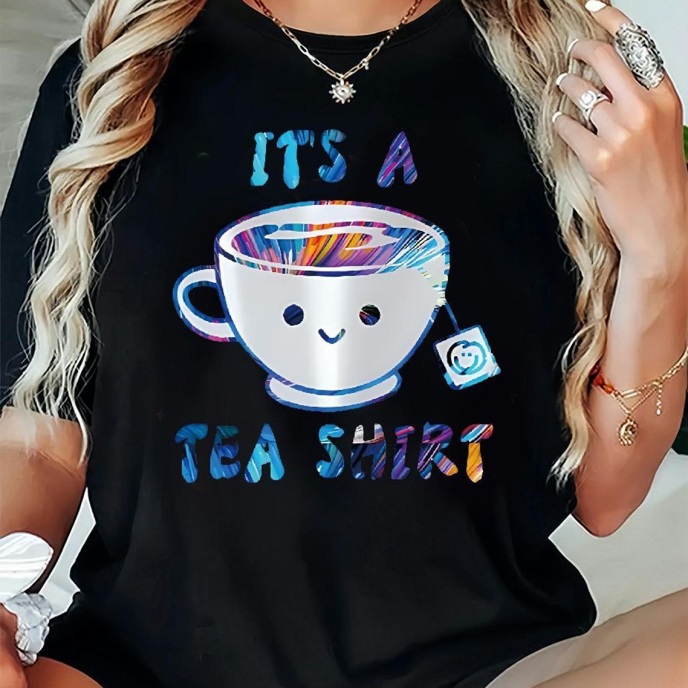 TEMU Women's Oversized Tea Cup Graphic T-shirt, Casual Crew Neck Polyester Tee With Print, Short Sleeve, Stretch, Spring/summer/fall Knit Fabric Top