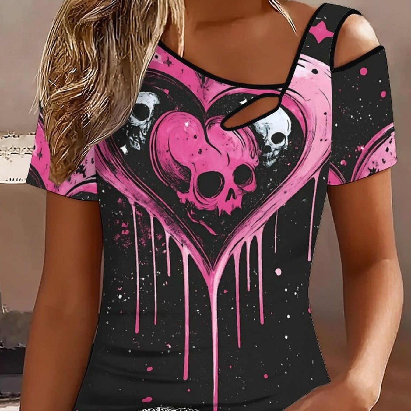 Summer Collection: A Stylish Women's Tee Featuring A Unique Chest Cutout And An Asymmetrical Off-shoulder Neckline. Perfect For Valentine's Day, It Comes In Colors With Heart-themed Letter Prints