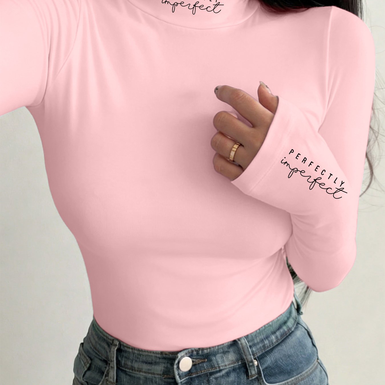 TEMU Handwritten   Printed Contrast Aesthetic Slim Fit Long Sleeve Turtleneck Letter Print T-shirt For Women, Slim Layer Top, 2026 New Style Women's